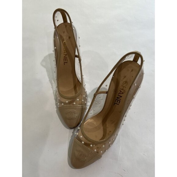 CHANEL PVC Cap Toe Pearl Pumps in Tan - Picture 2 of 6